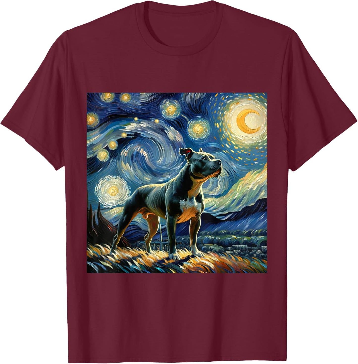 Pitbull Starry Night Shirt Vincent Van Gogh Art Dog T-Shirt - T-Shirt | Maroon