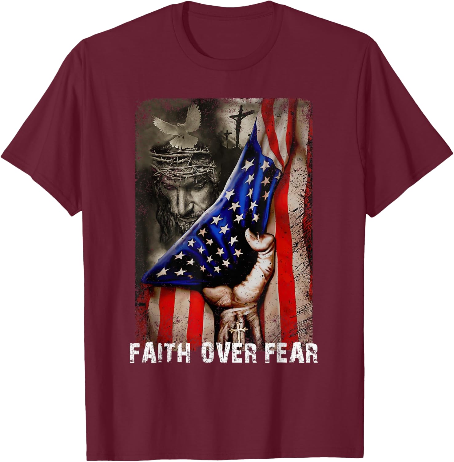 Vintage Faith Over Fear God Jesus Christian Flag 4th Of July Kids Men T-Shirt - T-Shirt | Maroon