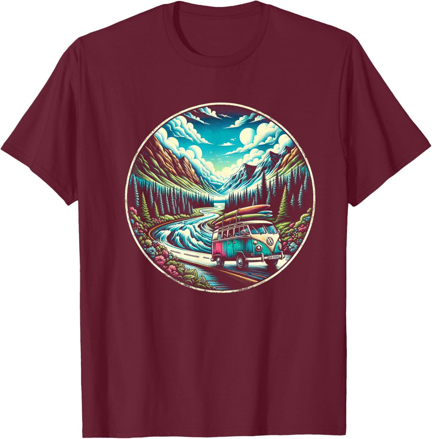 Classic Van Adventure in Scenic Mountains T-Shirt - T-Shirt | Maroon