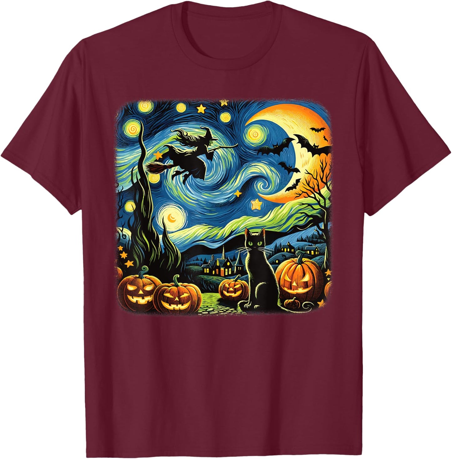 Halloween Witch Van Gogh Starry Night Black Cat Pumpkin Bats T-Shirt - T-Shirt | Maroon