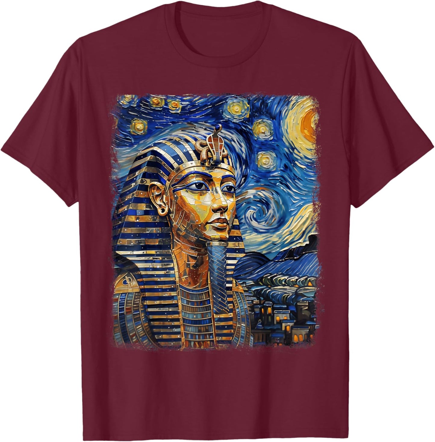 Pharaoh King Tut Egypt Starry Night Painting T-Shirt - T-Shirt | Maroon