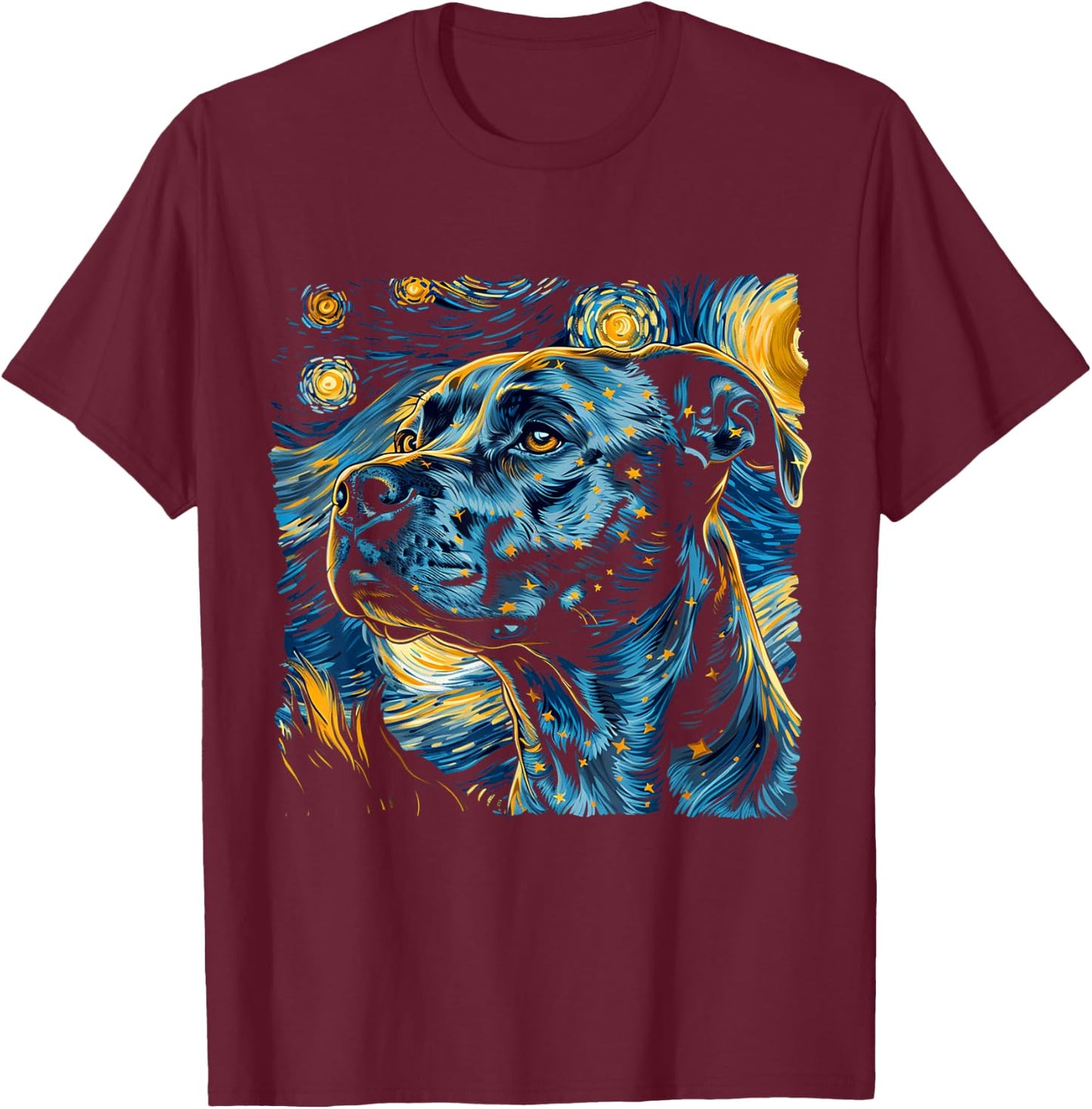 Starry Night Pitbull Van Gogh pitbull Funny Rodent Animal T-Shirt - T-Shirt | Maroon