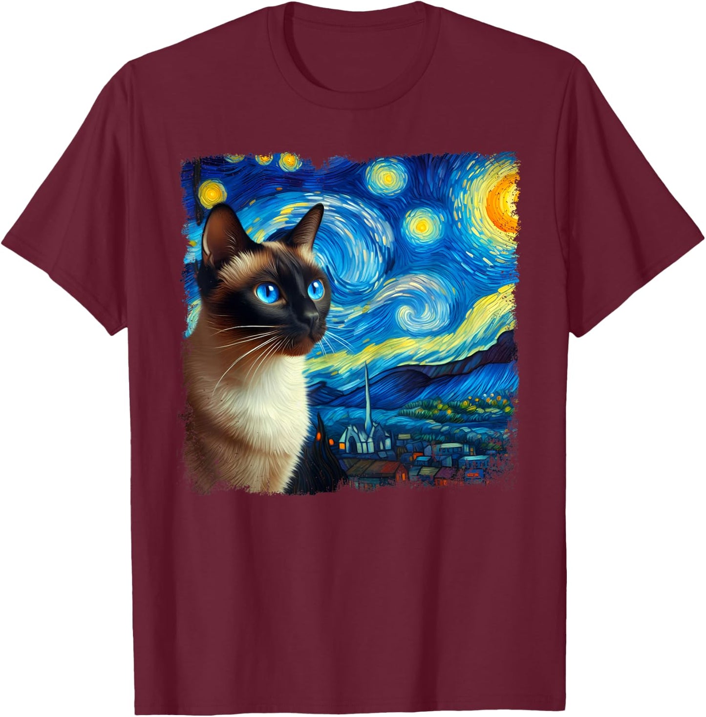 Funny Cute Siamese Cat Starry Night Van Gogh Painting T-Shirt - T-Shirt | Maroon
