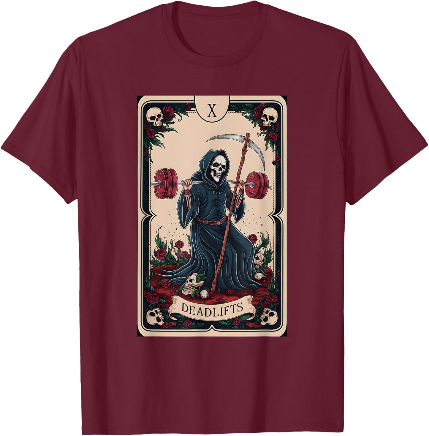 Tarot Card Grim Reaper Deadlifts Workout Gym Occult Reader T-Shirt - T-Shirt | Maroon