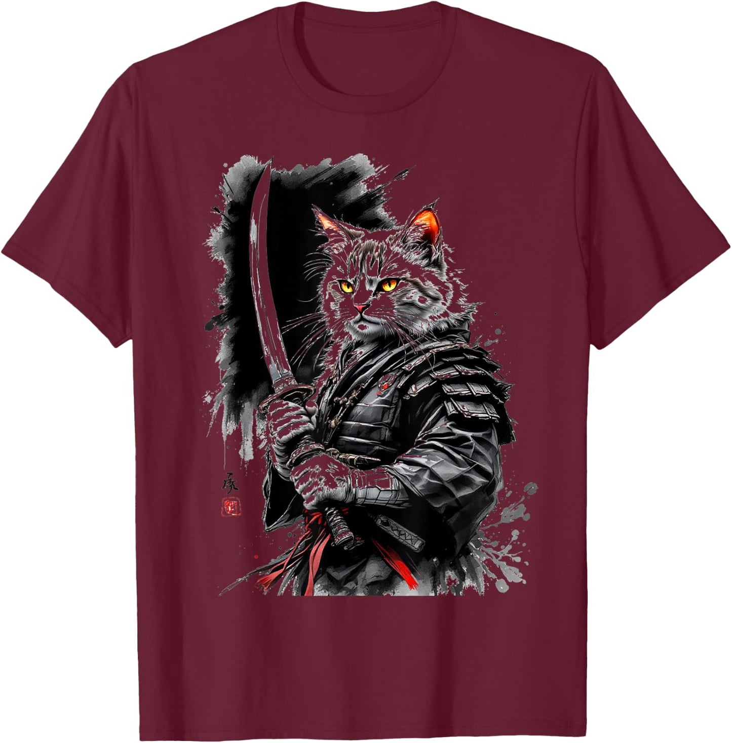 Samurai Cat T-Shirt - T-Shirt | Maroon