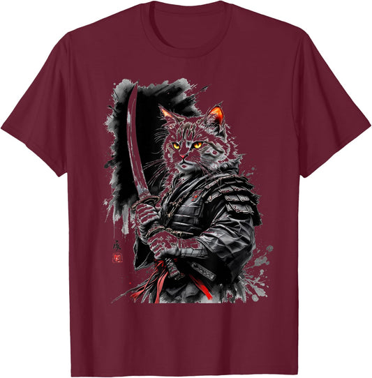 Samurai Cat T-Shirt - T-Shirt | Maroon