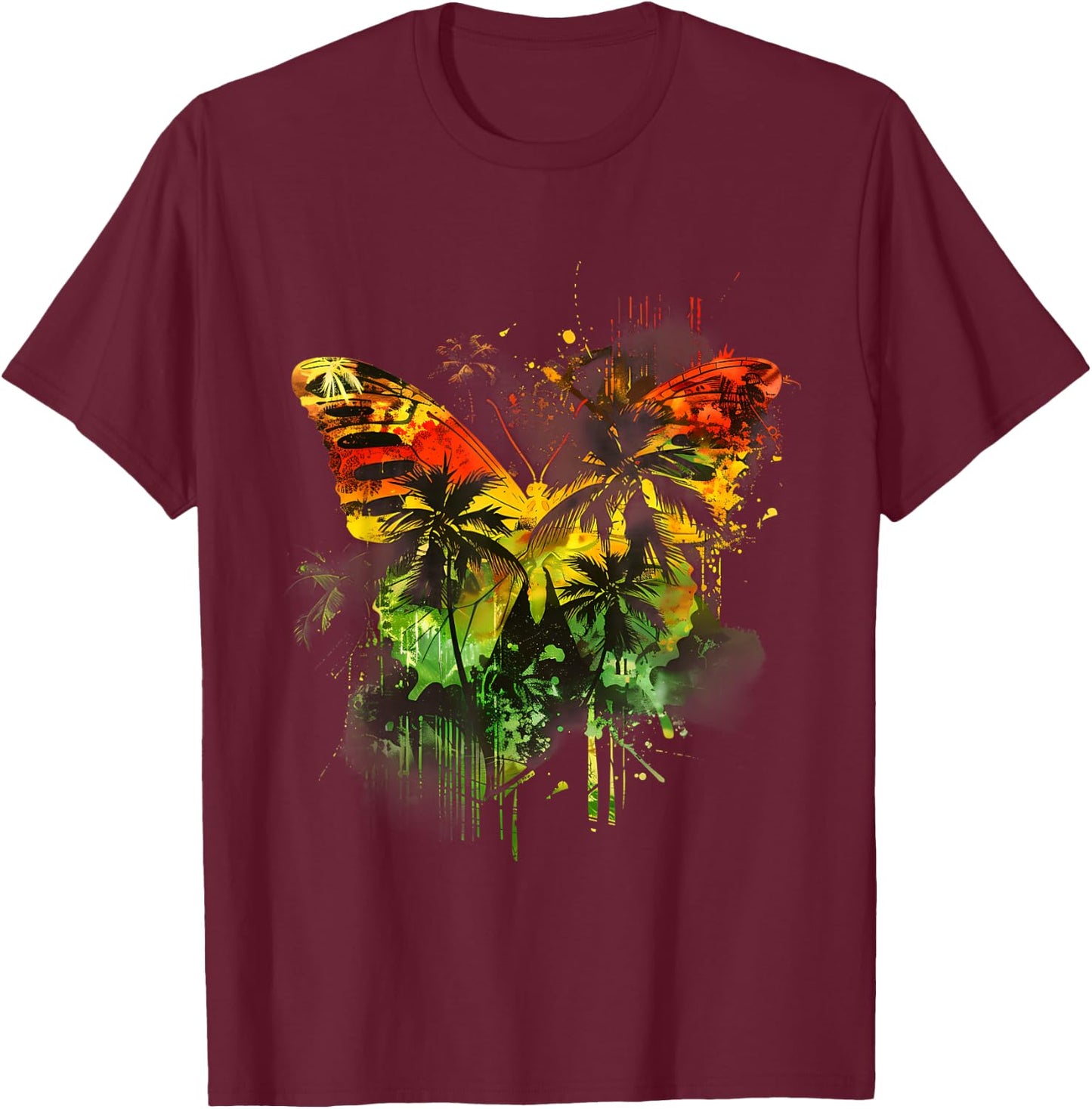 Rasta Reggae Butterfly Jamaican Music Roots Rastafari T-Shirt - T-Shirt | Maroon