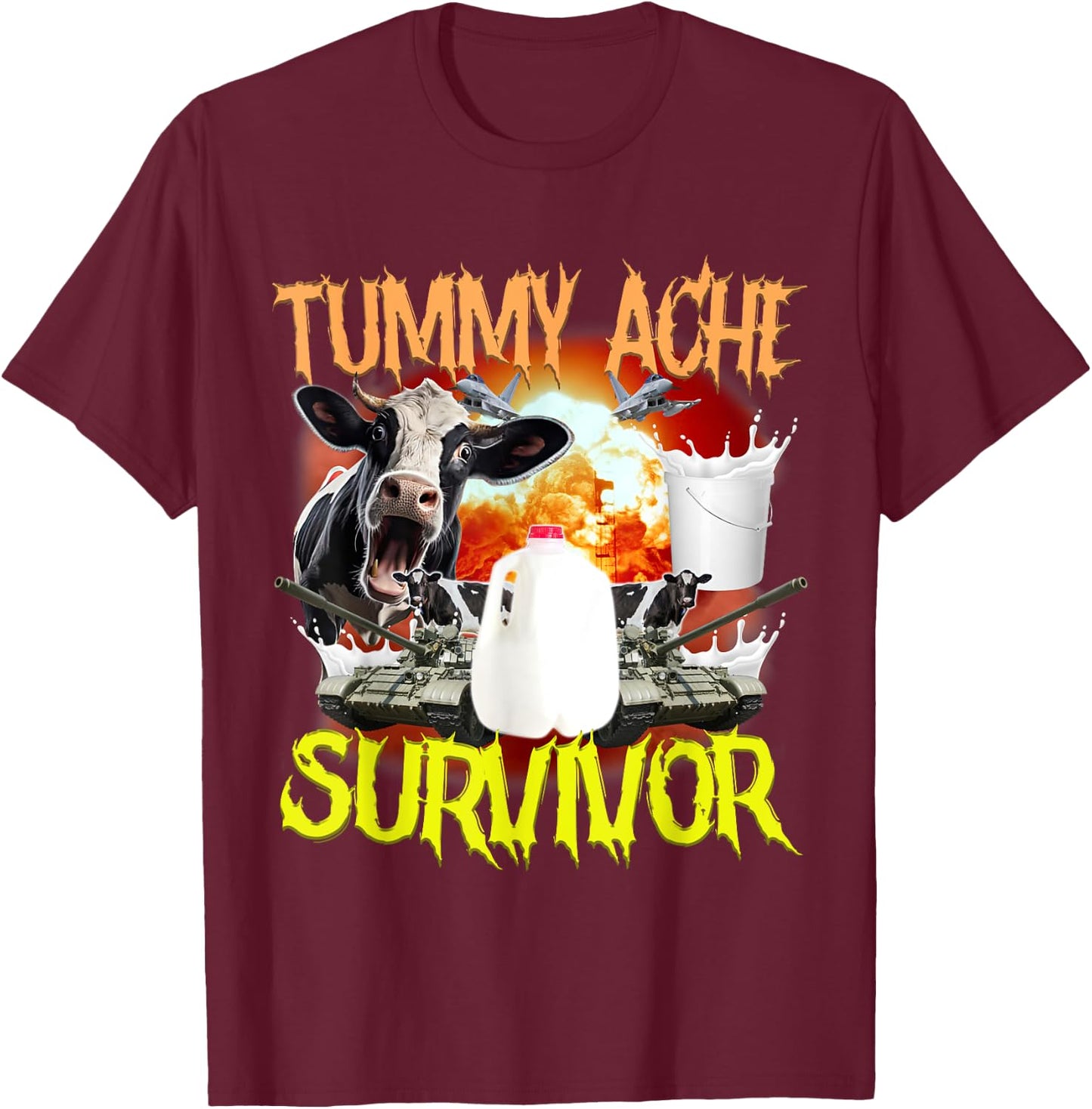 Tummy Ache Survivor Lactose Intolerant Funny T-Shirt - T-Shirt | Maroon