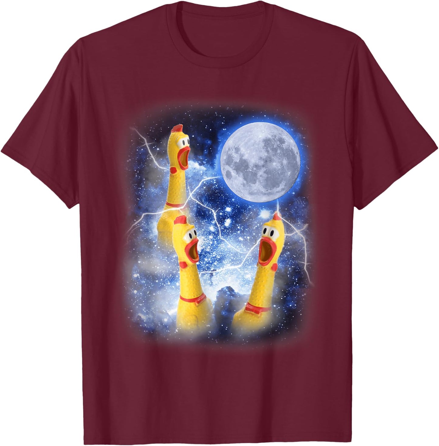 Three Rubber Chicken Moon Funny Screaming Fowl Cursed Joke T-Shirt - T-Shirt | Maroon