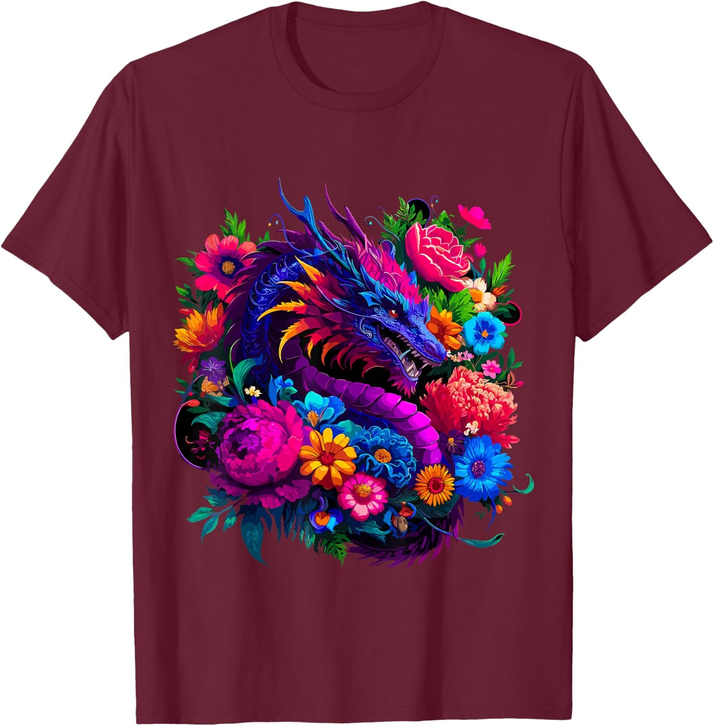 Floral Dragon , Small, Black T-Shirt - T-Shirt | Maroon