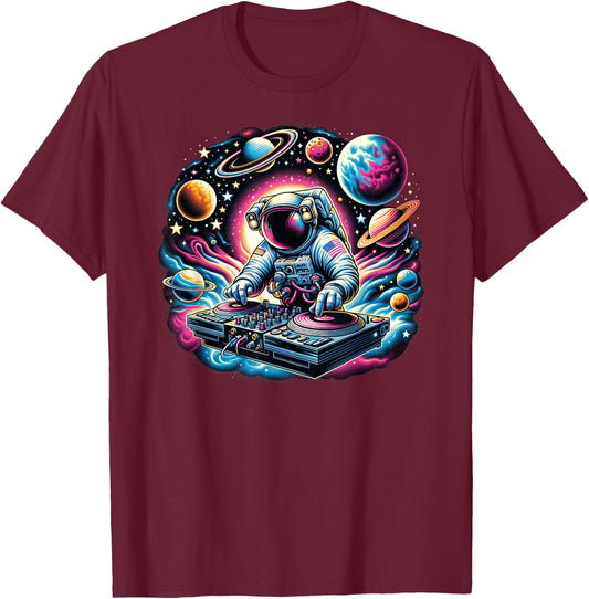 Funny Space Men and Women Astronaut DJ Disc Jockey T-Shirt - T-Shirt | Maroon