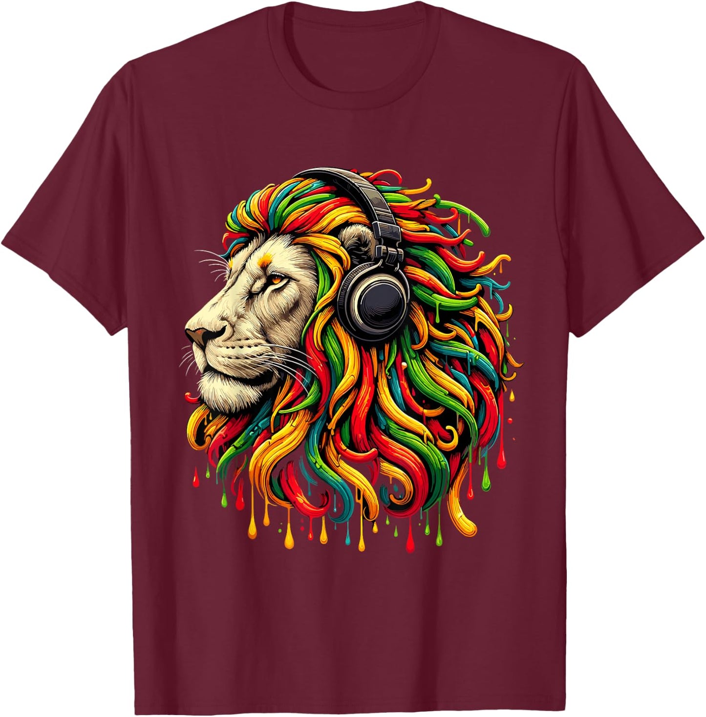 Rasta Reggae Headphones Jamaican Lion Music Judah T-Shirt - T-Shirt | Maroon