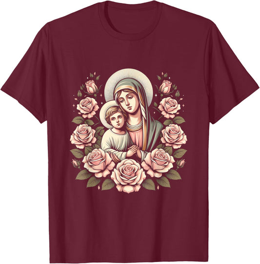 Our Lady of Good Blessed Mother Mary Christian Art T-Shirt - T-Shirt | Maroon