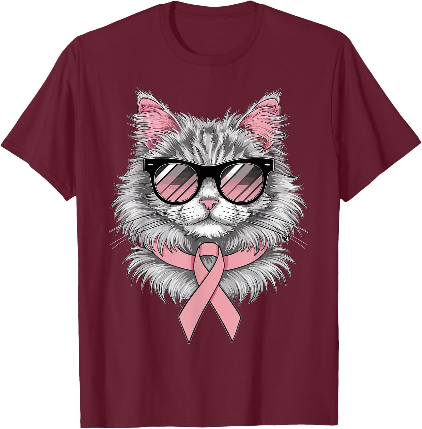 Cat Breast Cancer Awareness Cool Pink Ribbon Support T-Shirt - T-Shirt | Maroon