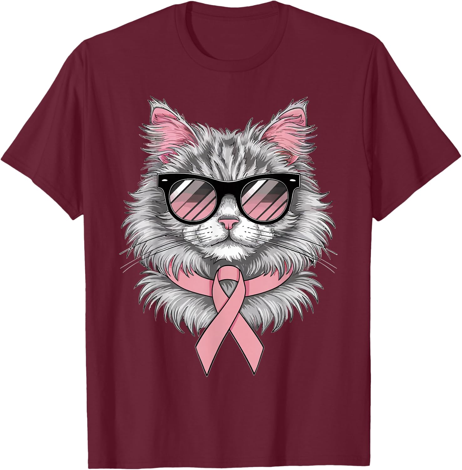Cat Breast Cancer Awareness Cool Pink Ribbon Support T-Shirt - T-Shirt | Maroon