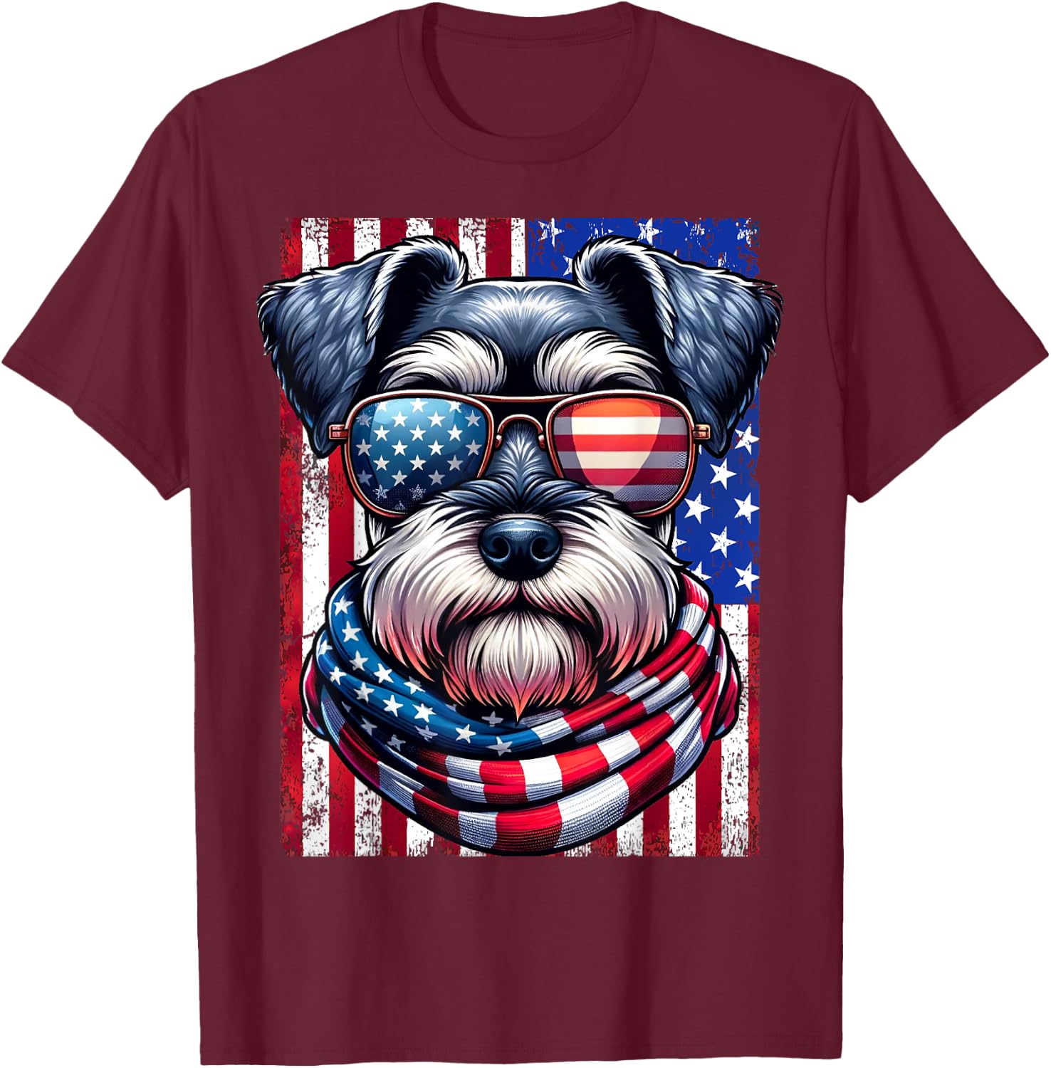 Miniature Schnauzer Dog American Flag Patriotic 4th of July T-Shirt - T-Shirt | Maroon