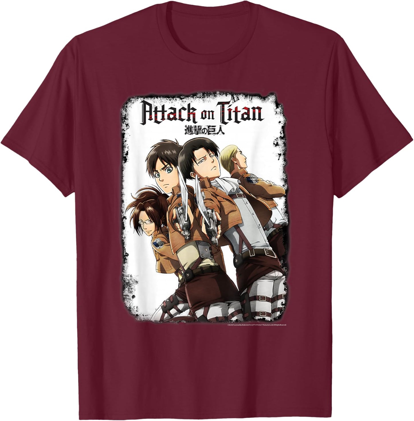 Attack on Titan Group Portrait with Swords and Logo Anime T-Shirt - T-Shirt | Maroon