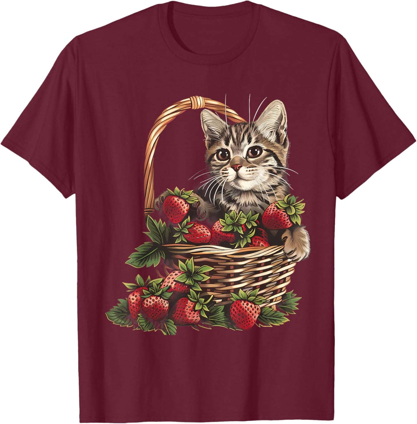 Strawberry Cat Animal Art Strawberry Fruit Cat Motif Drawing Women Kids T-Shirt - T-Shirt | Maroon