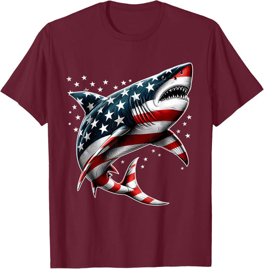 Shark American Flag USA 4th of July Funny Boys Girls Kids T-Shirt - T-Shirt | Maroon