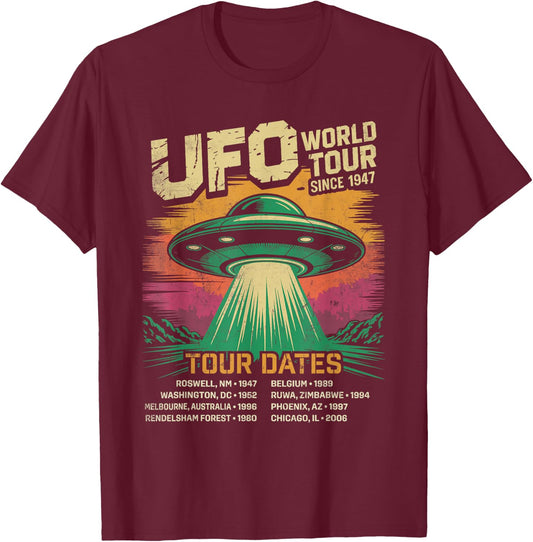 UFO World Tour Alien Conspiracy Sightings T-Shirt - T-Shirt | Maroon