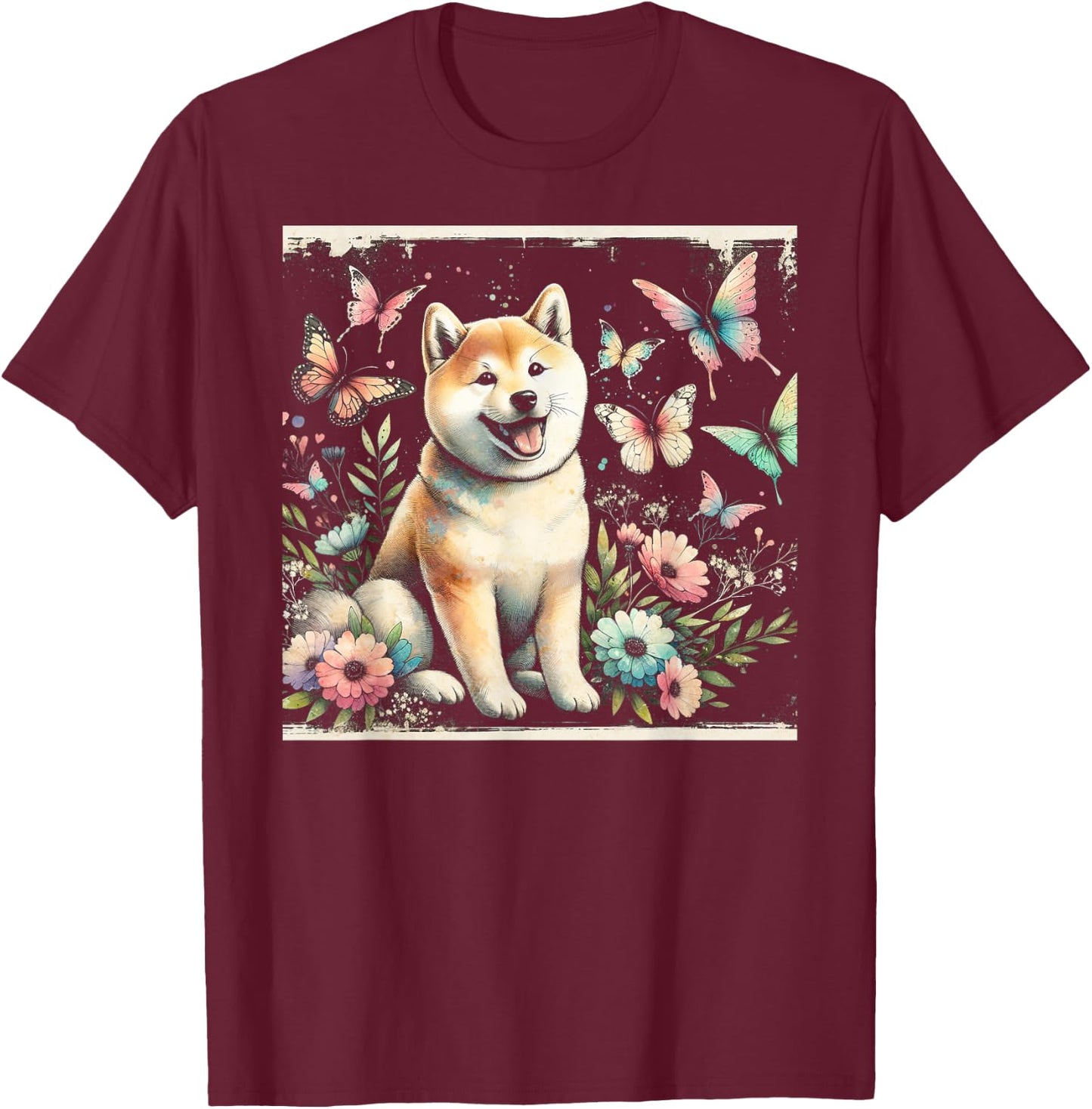Shiba Inu and Butterflies T-Shirt - T-Shirt | Maroon