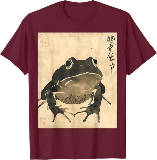 Cottagecore Grumpy Frog Kanji Japanese Art Matsumoto Hoji T-Shirt - T-Shirt | Maroon