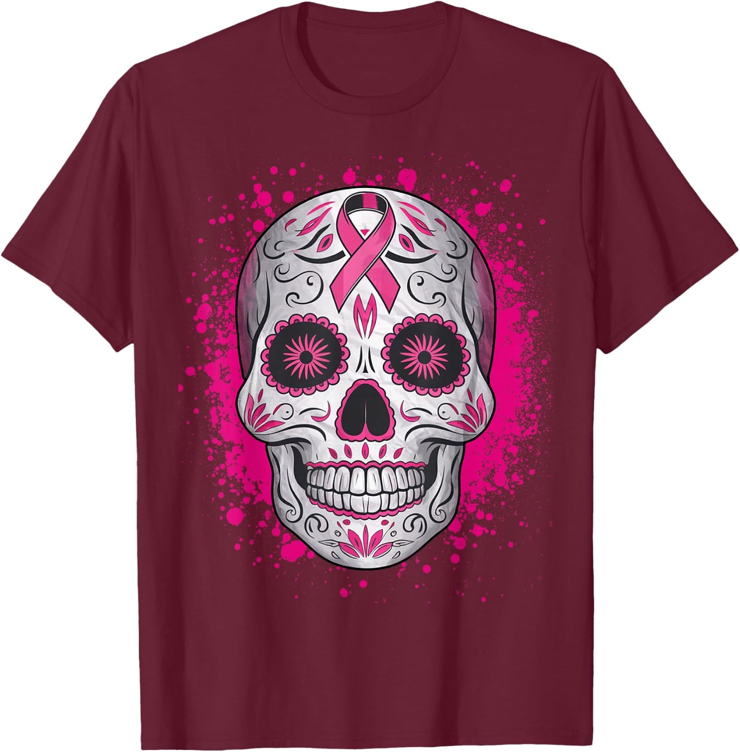 Sugar Skull Breast Cancer Shirts Awareness 2025 Pink Ribbon T-Shirt - T-Shirt | Maroon