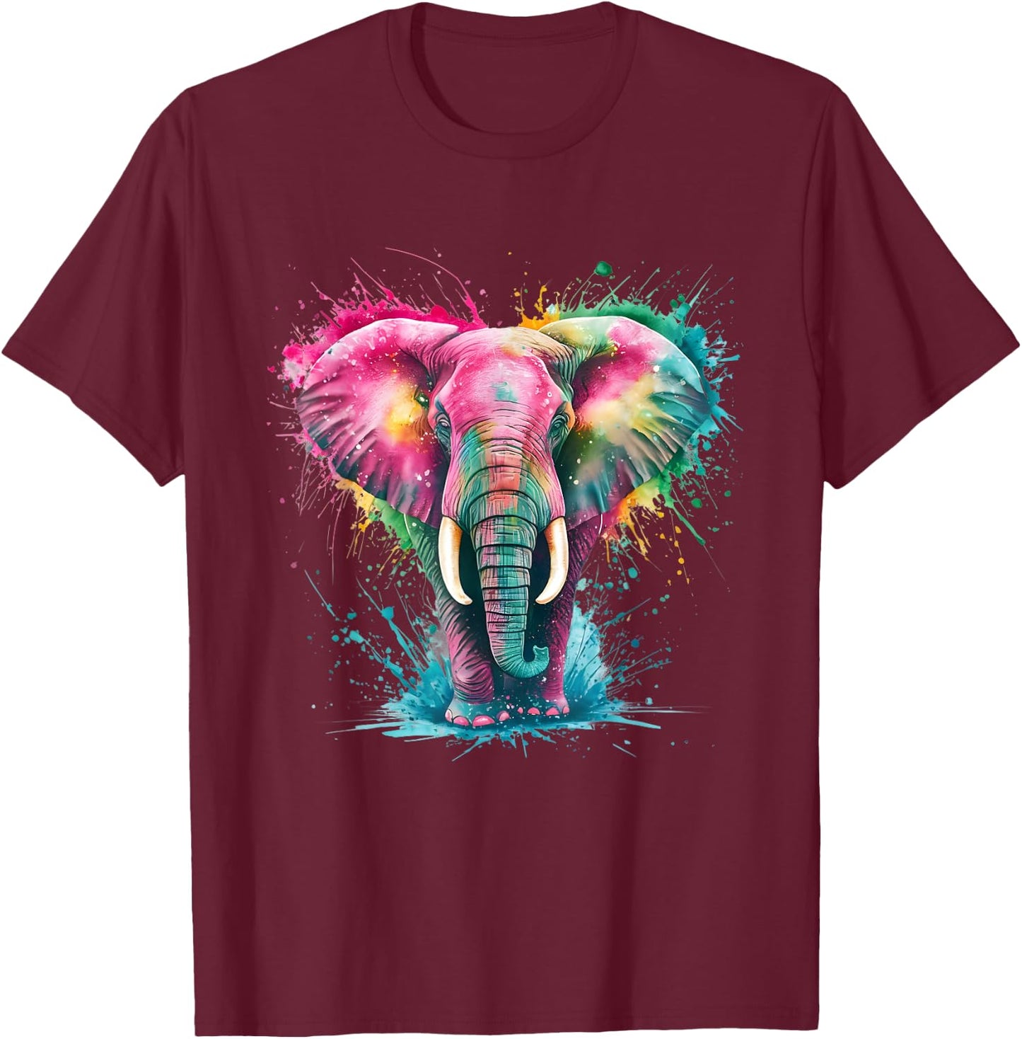 Elephant Men Women Colourful Watercolour Elephant T-Shirt - T-Shirt | Maroon