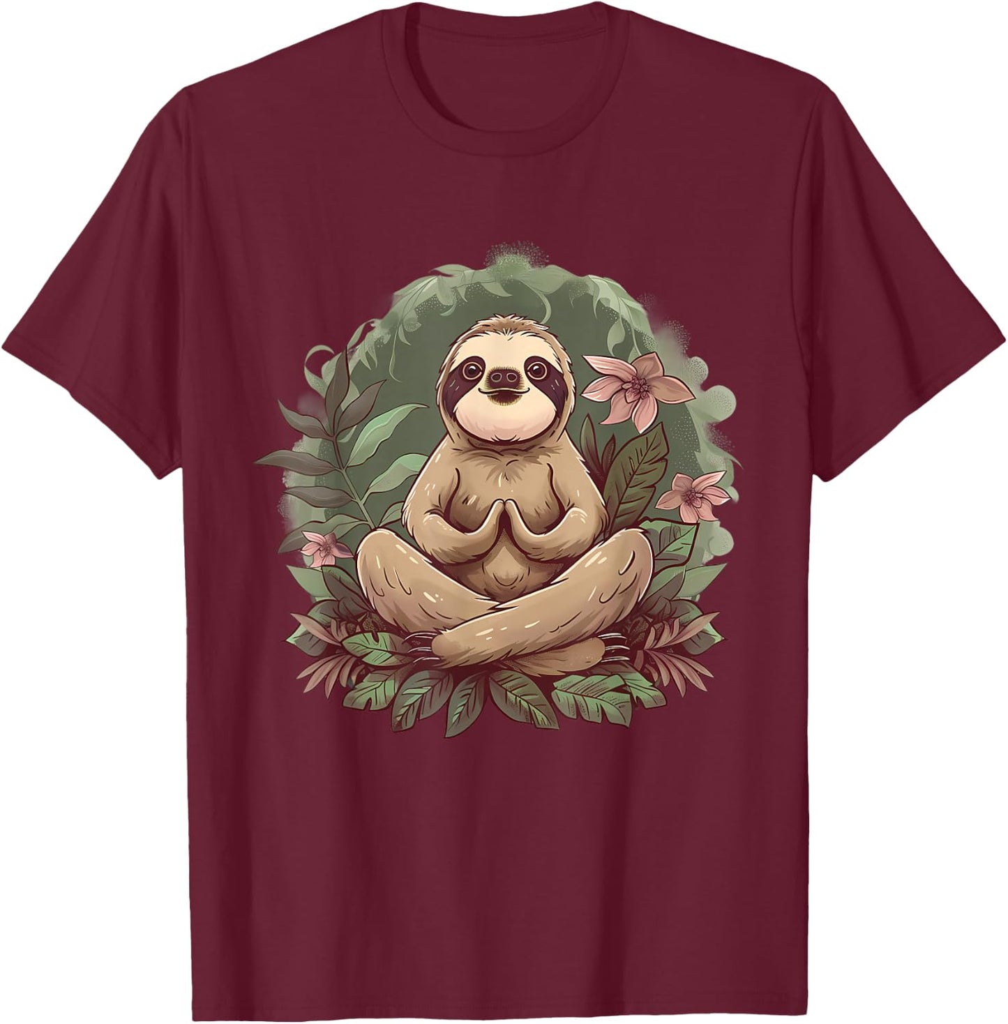 Sloth Meditation Spirituality Buddha Buddhist Floral Yoga T-Shirt - T-Shirt | Maroon