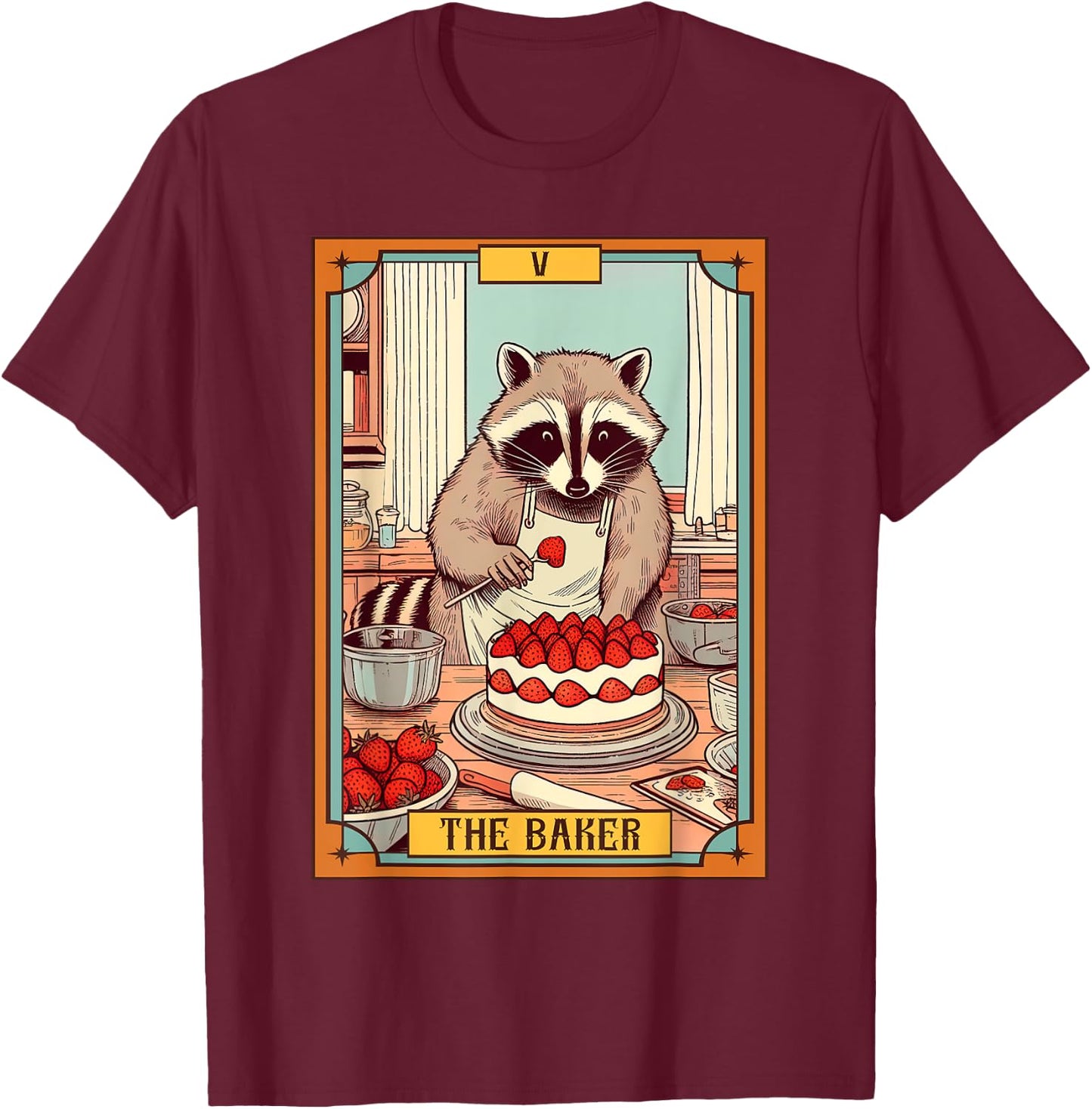 Baker Baking Lover Racoon making Cake The Baker Tarot Card T-Shirt - T-Shirt | Maroon