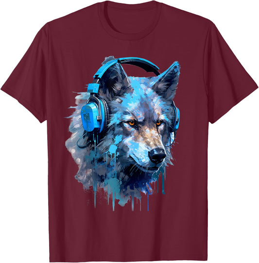 Rave EDM Wolf Headphone T-Shirt - T-Shirt | Maroon