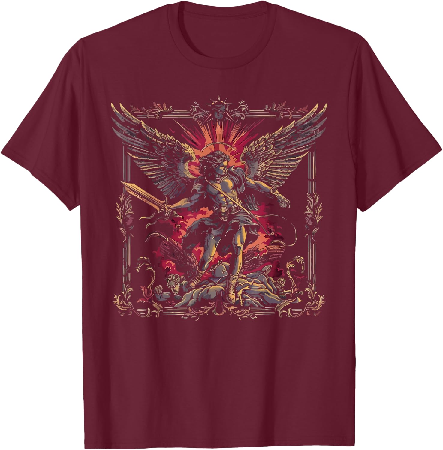 Archangel Catholic Religion Christianity Guardian Angel - Archangel MiZa Apparel - - Religious Theme - Black - Small - Short Sleeve T-Shirt - T-Shirt | Maroon
