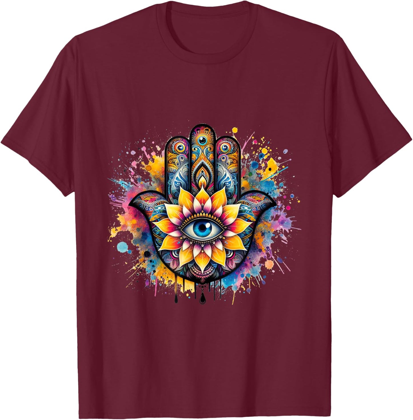 Beautiful Hamsa Hand Colorful with Fatima Eye and Lotus T-Shirt - T-Shirt | Maroon
