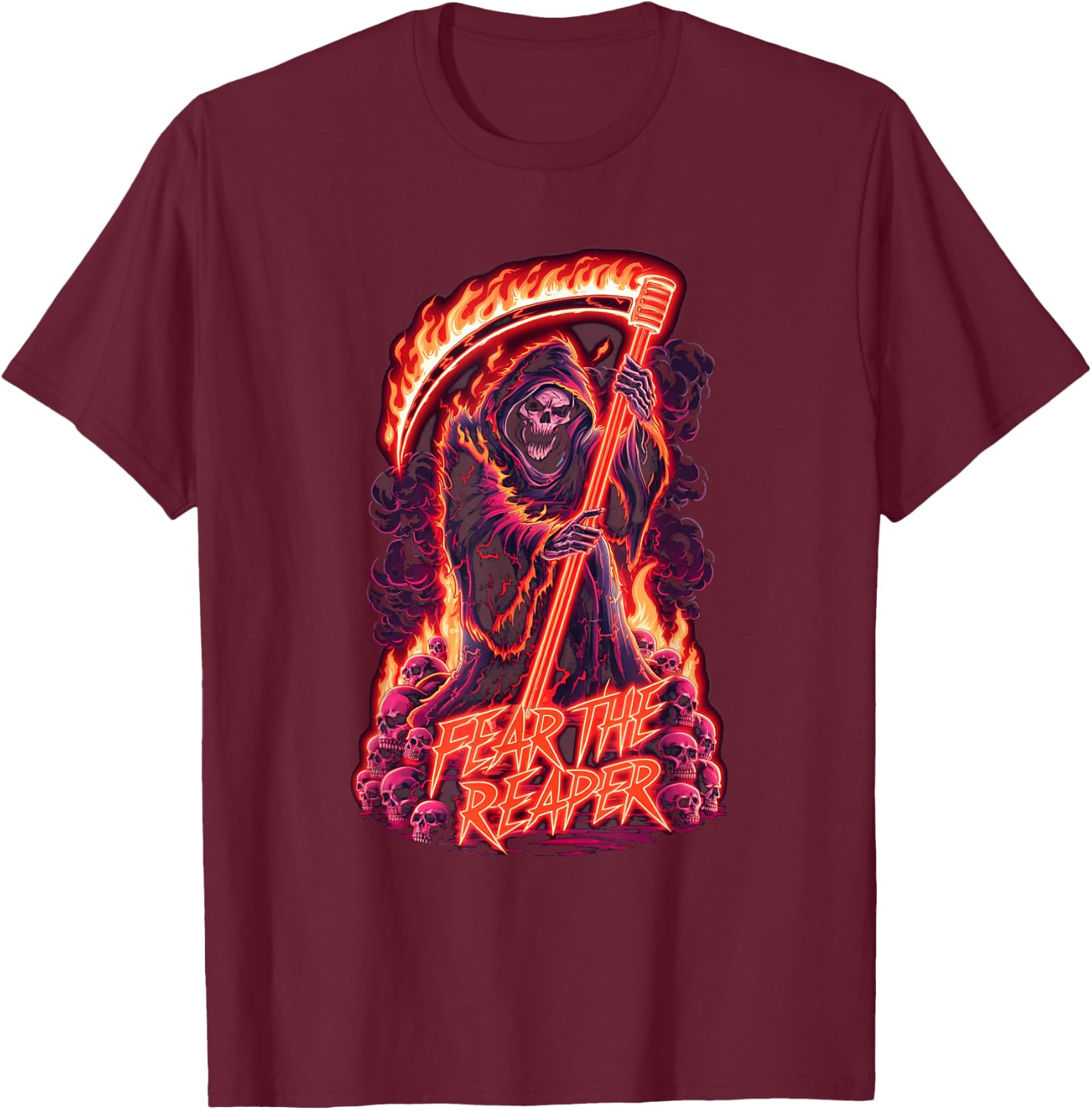 Fear The Reaper - Flaming Grim Reaper Goth T-Shirt - T-Shirt | Maroon