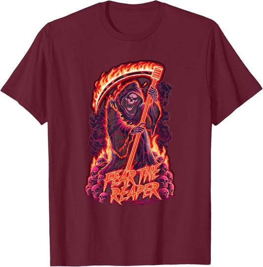 Fear The Reaper - Flaming Grim Reaper Goth T-Shirt - T-Shirt | Maroon