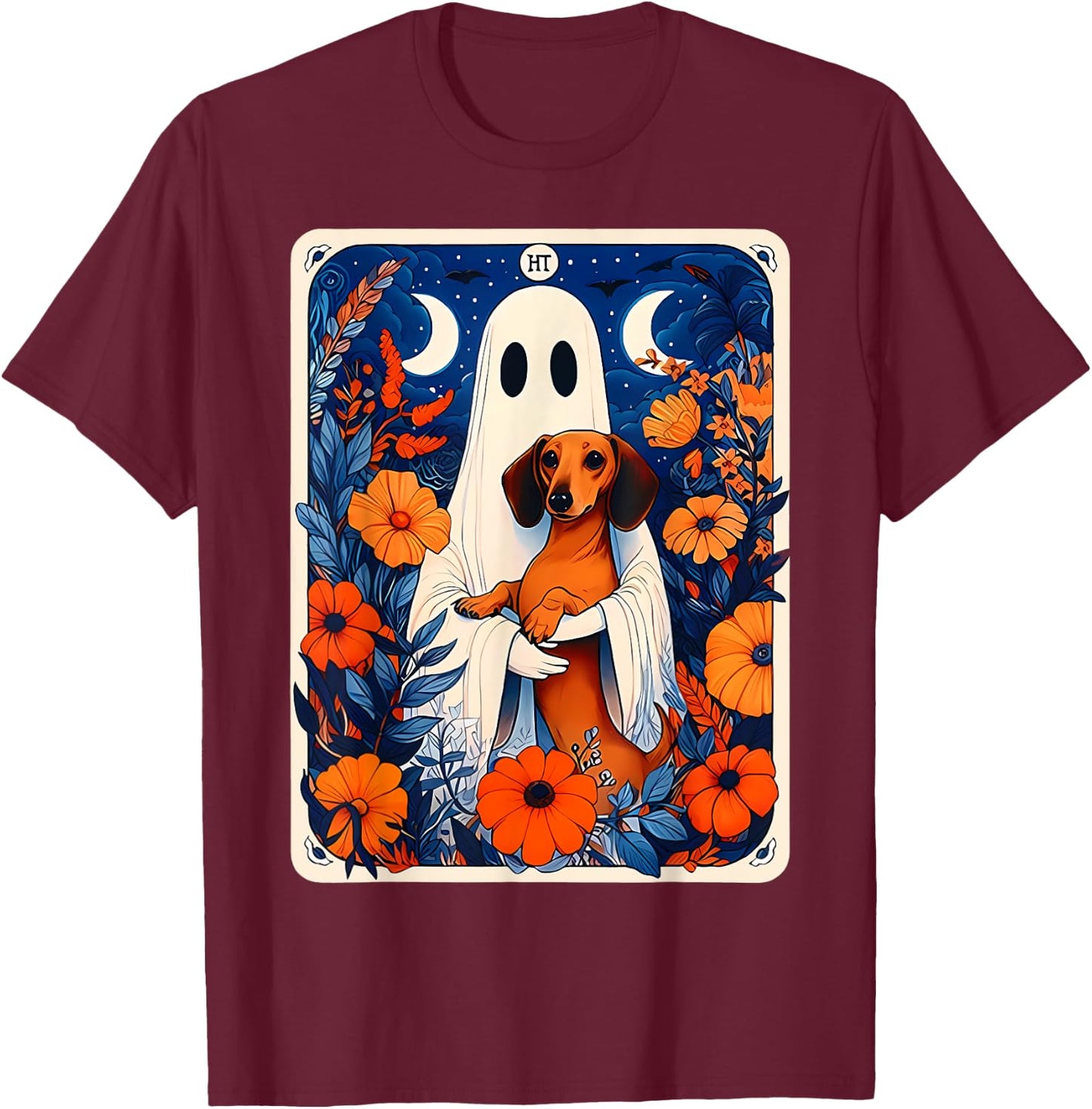 Ghost Holding Dachshund Spooky Tarot Card Fall Halloween T-Shirt - T-Shirt | Maroon