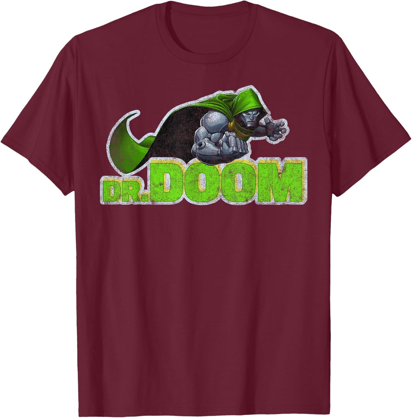 Marvel Dr. Doom Metal Armor Distressed Text T-Shirt - T-Shirt | Maroon