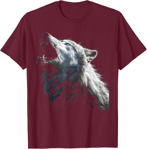 Alpha Wolf Howling at Moon Blue Eyes Graphic Wolf Lover T-Shirt - T-Shirt | Maroon
