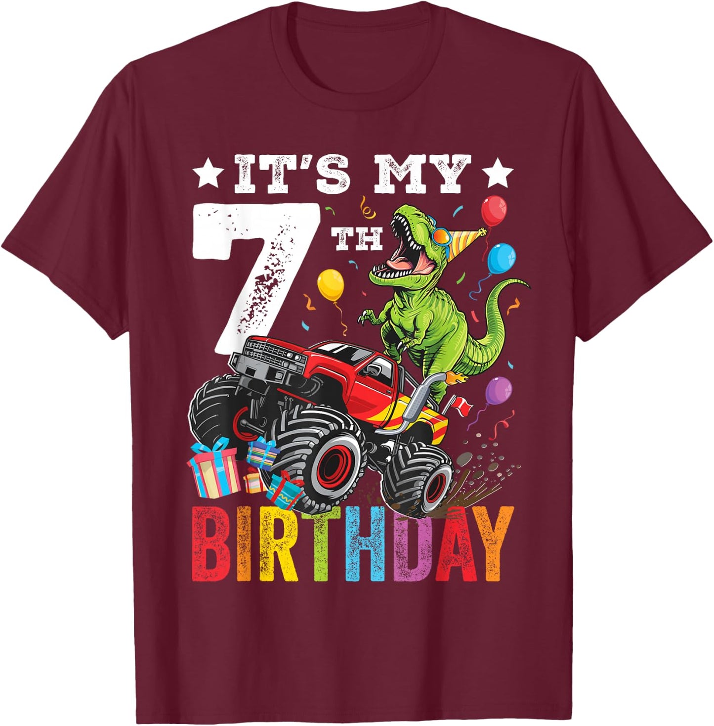Seven 7th Birthday Dinosaur Monster Truck T-Shirt - T-Shirt | Maroon