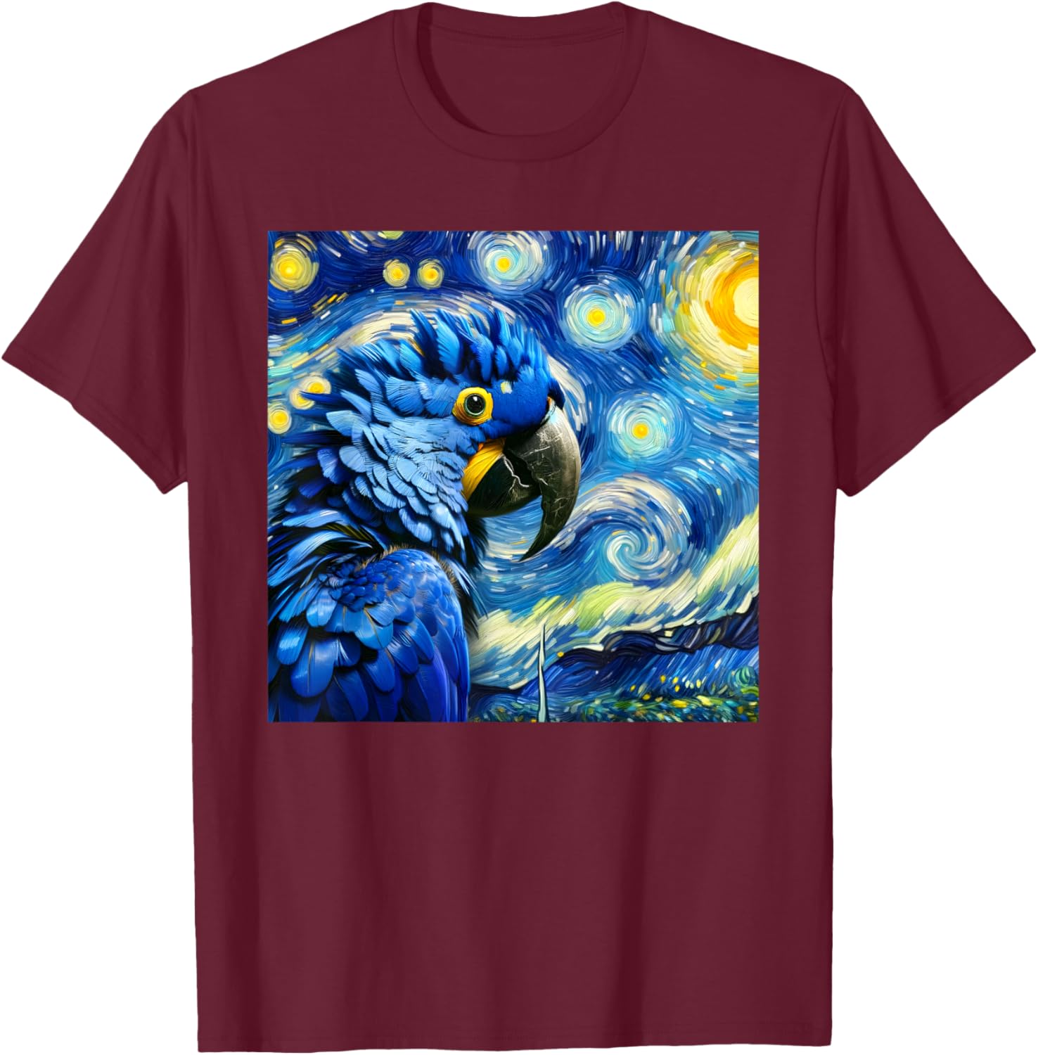 Hyacinth Macaw Parrot Surreal Starry Night Sky Art Van Gogh T-Shirt - T-Shirt | Maroon