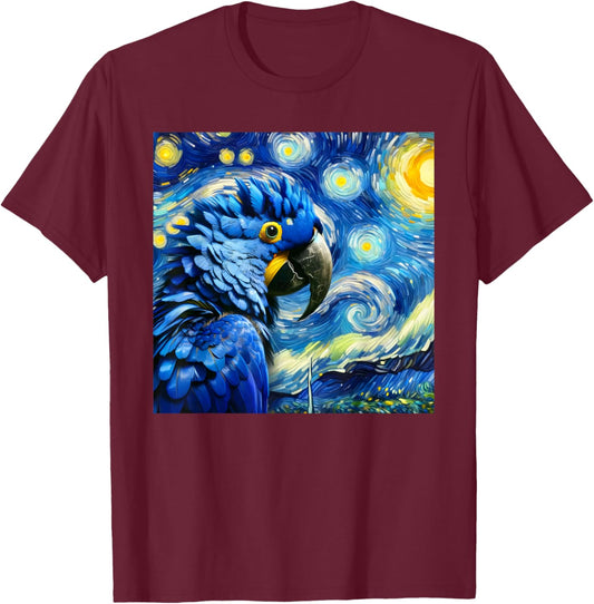 Hyacinth Macaw Parrot Surreal Starry Night Sky Art Van Gogh T-Shirt - T-Shirt | Maroon