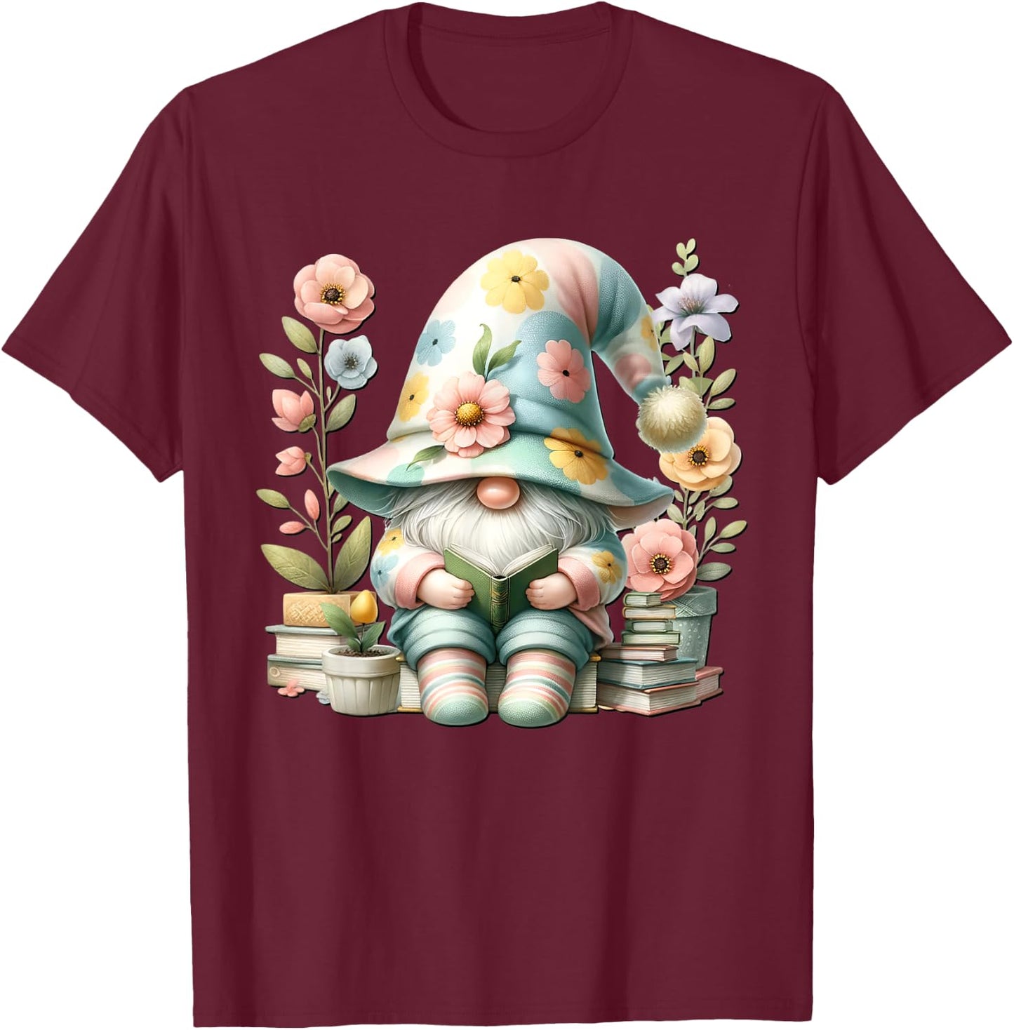 Book Reading Themed Retired Gnome Cute Wildflower T-Shirt - T-Shirt | Maroon