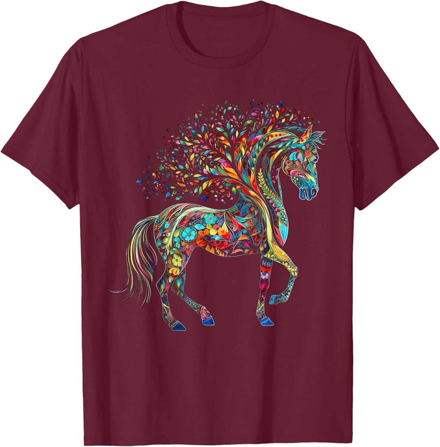 Horse Artwork Tree Colourful Animal Horse T-Shirt - T-Shirt | Maroon