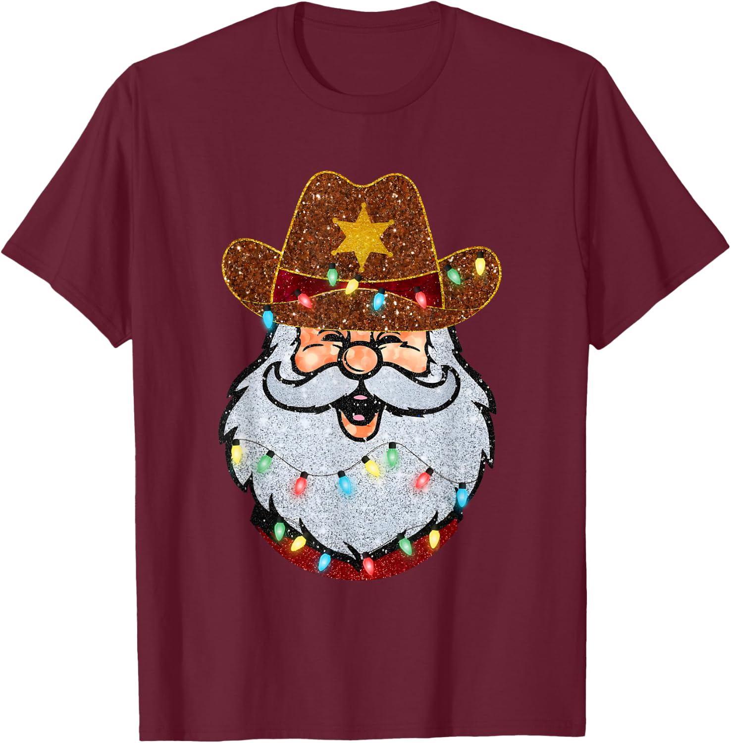 Santa Cowboy Western Christmas Xmas Lights Holiday Pajamas T-Shirt - T-Shirt | Maroon
