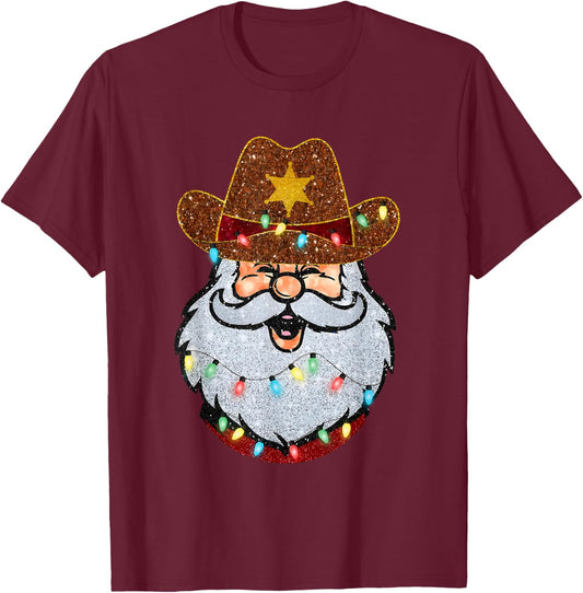 Santa Cowboy Western Christmas Xmas Lights Holiday Pajamas T-Shirt - T-Shirt | Maroon