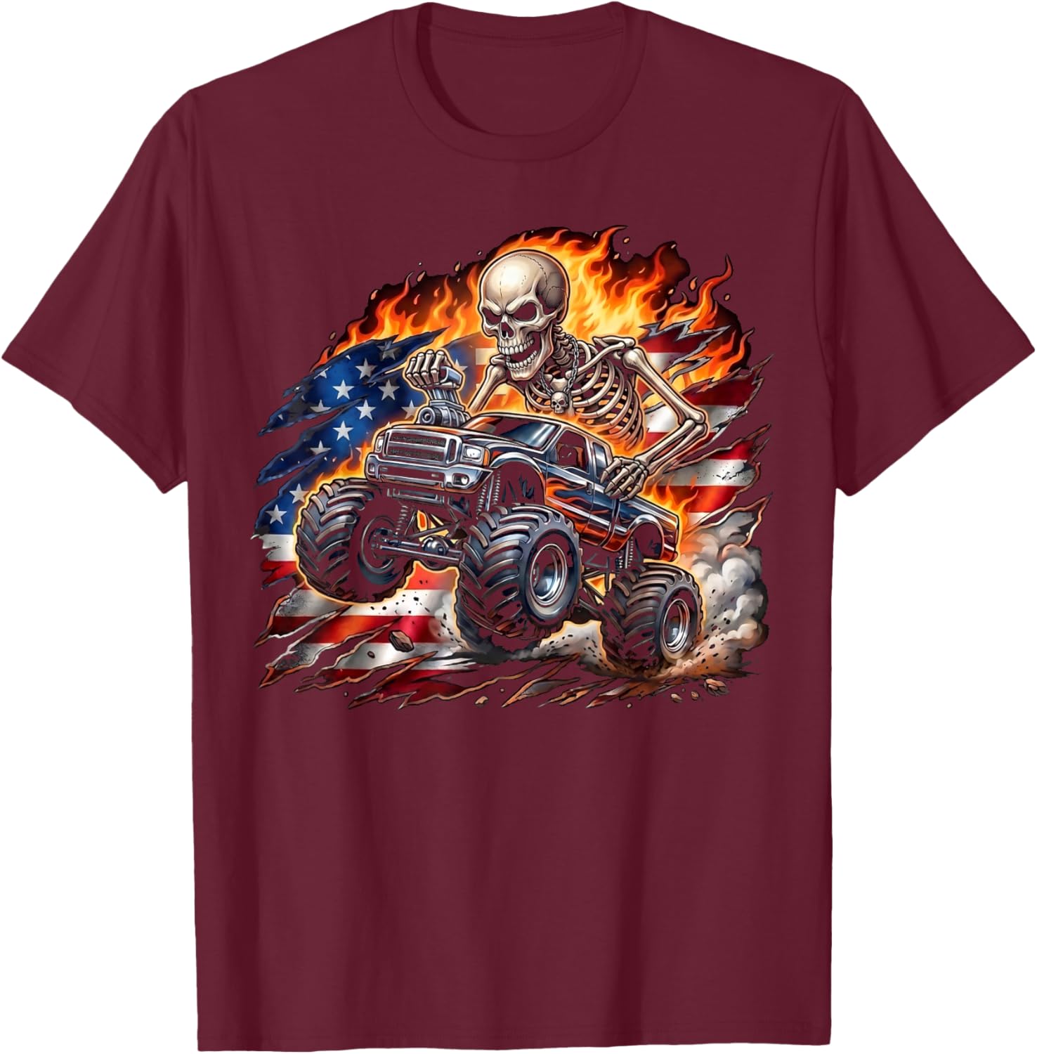 Patriotic Monster Truck Skeleton American Flag 4th of July T-Shirt - T-Shirt | Maroon