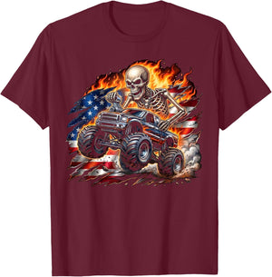 Patriotic Monster Truck Skeleton American Flag 4th of July T-Shirt - T-Shirt | Maroon