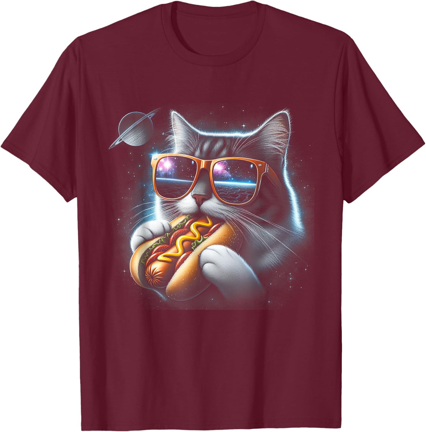 Cat Eating Funny Hot-Dog in Space Kit-Ty Gal-Axy T-Shirt - T-Shirt | Maroon
