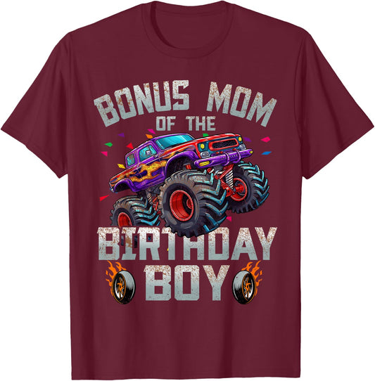 Bonus Mom Of The Birthday Boy Monster Truck Family T-Shirt - T-Shirt | Maroon