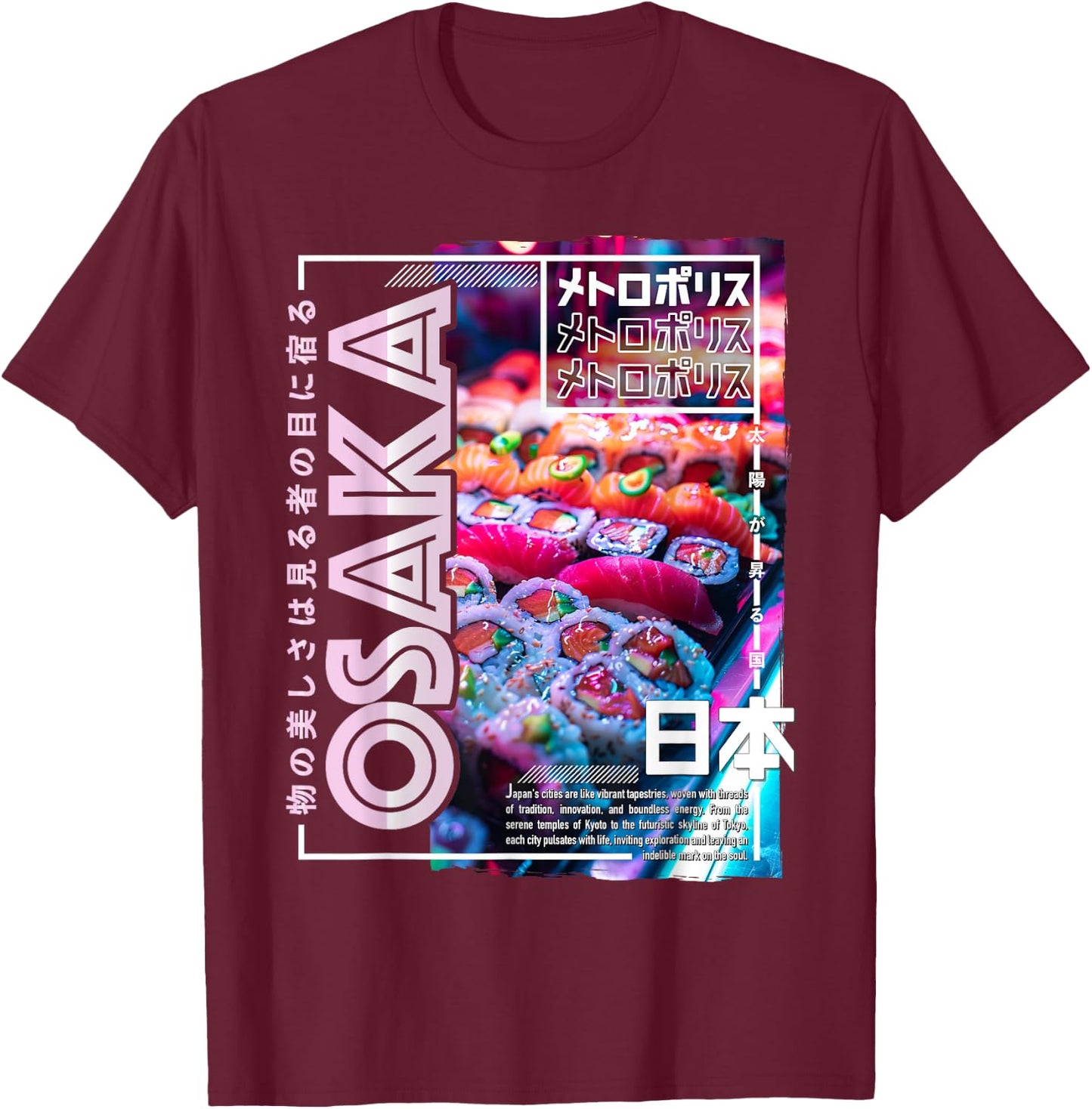 Osaka City 80s Synthwave Sushi Japan Osaka T-Shirt - T-Shirt | Maroon